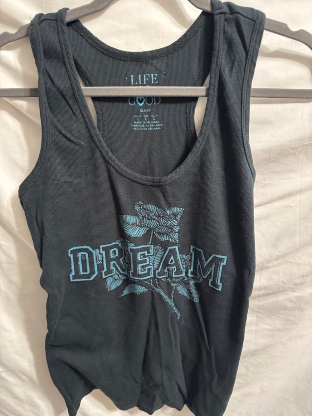 Life Is Good Black Tank with Blue 'DREAM' Floral Graphic